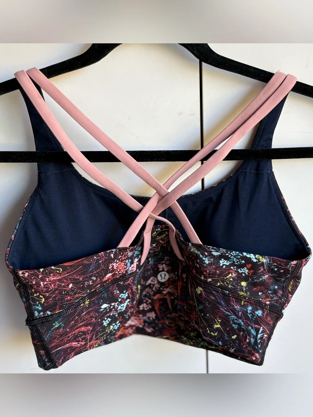 lululemon Black Energy Sports Bra with Multi-color Abstract Pattern, Sz. 8